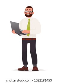 Programmer. A bearded man with glasses is holding a laptop in his hands. Software developer. Vector illustration in cartoon style