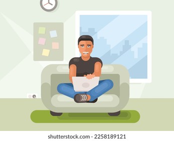 Programmer or businessman sitting on the couch working on a laptop. Man opening laptop. Vector graphics