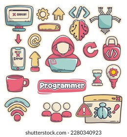 Programmer cartoon icons, programmer hand drawn icon set