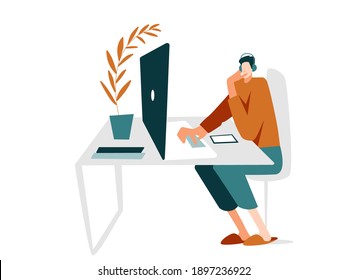 El personaje programador con audífonos se sienta en una laptop y un teléfono con zapatillas en casa. El tipo está pensando en una tarea, diseño plano moderno. Trabajo remoto, escritorio con libros y flores.