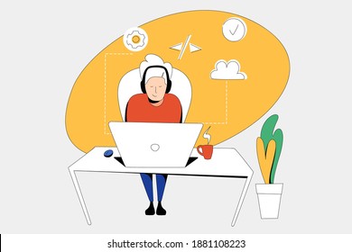 Programmer character on the desktop in headphones with a laptop works with data. Cloud icons, coworking space. Modern flat flower, hot drink mug.