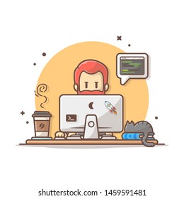 Programmer with Code, Cat on Book, and Coffee Vector Illustration. Developer. Hacker. Software Engineer. Flat Cartoon Style Suitable for Web Landing Page,  Banner, Flyer, Sticker, Card, Background