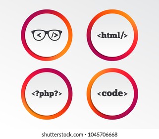 Programmer Coder Glasses Icon. HTML Markup Language And PHP Programming Language Sign Symbols. Infographic Design Buttons. Circle Templates. Vector