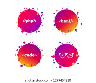 Programmer coder glasses icon. HTML markup language and PHP programming language sign symbols. Gradient circle buttons with icons. Random dots design. Vector