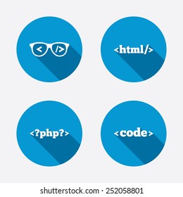 Programmer coder glasses icon. HTML markup language and PHP programming language sign symbols. Circle concept web buttons. Vector