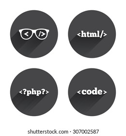 Programmer coder glasses icon. HTML markup language and PHP programming language sign symbols. Circles buttons with long flat shadow. Vector