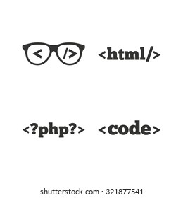 Programmer coder glasses icon. HTML markup language and PHP programming language sign symbols. Flat icons on white. Vector
