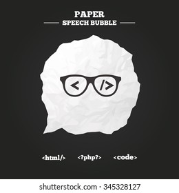 Programmer Coder Glasses Icon. HTML Markup Language And PHP Programming Language Sign Symbols. Paper Speech Bubble With Icon.