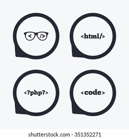 Programmer Coder Glasses Icon. HTML Markup Language And PHP Programming Language Sign Symbols. Flat Icon Pointers.