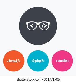 Programmer coder glasses icon. HTML markup language and PHP programming language sign symbols. Circle flat buttons with icon.