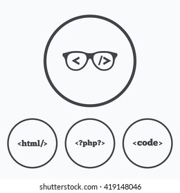 Programmer Coder Glasses Icon. HTML Markup Language And PHP Programming Language Sign Symbols. Icons In Circles.