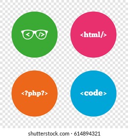Programmer coder glasses icon. HTML markup language and PHP programming language sign symbols. Round buttons on transparent background. Vector