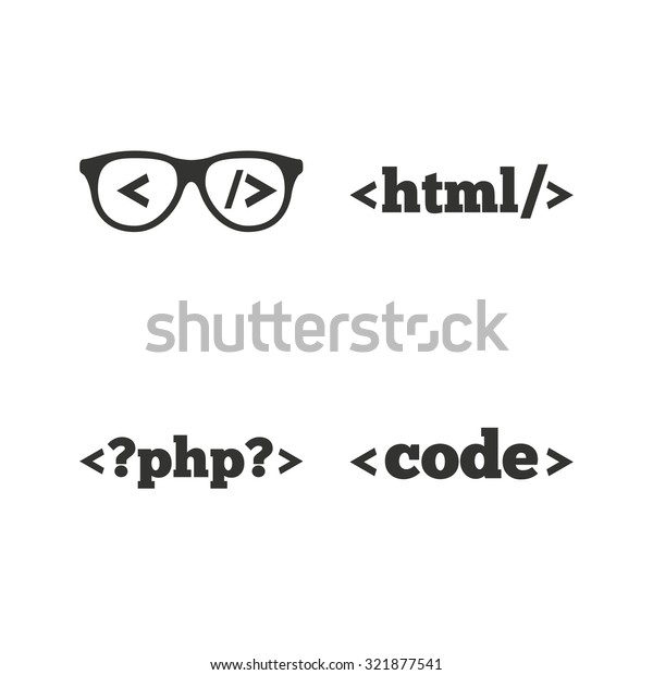 プログラマコーダの眼鏡アイコン Htmlマークアップ言語とphpプログラミング言語記号 白い背景に平らなアイコン ベクター画像 のベクター画像素材 ロイヤリティフリー 321877541