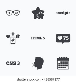 Programmer coder glasses icon. HTML5 markup language and CSS3 cascading style sheets sign symbols. Flat talking head, calendar icons. Stars, like counter icons. Vector