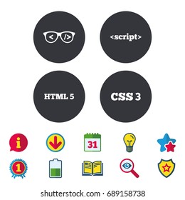 Programmer coder glasses icon. HTML5 markup language and CSS3 cascading style sheets sign symbols. Calendar, Information and Download signs. Stars, Award and Book icons. Light bulb, Shield and Search