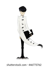 Programmer, coder, hacker, designer in long white coat with laptop in hand. Manga style. Vector illustration on white background