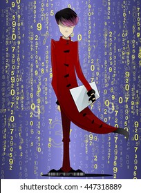 Programmer, coder, hacker, designer in long red coat and pink hair with laptop in hand on futuristic abstract background. Manga style. Vector illustration on white background