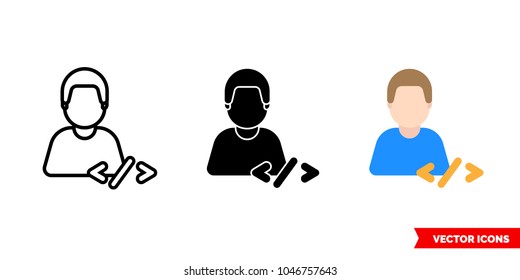 Programmer coder icon of 3 types: color, black and white, outline. Isolated vector sign symbol.