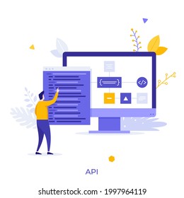 Programmer or coder looking at computer display and program window with code. Concept of API or application programming interface for software connection. Modern flat vector illustration for banner.