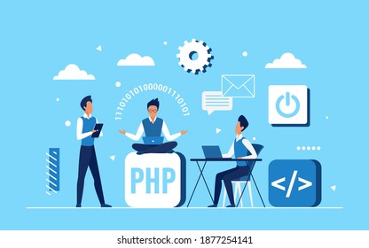 Programmer coder people team work on application development vector illustration. Cartoon tiny engineer developer characters programming and coding, teamwork for web design code concept background