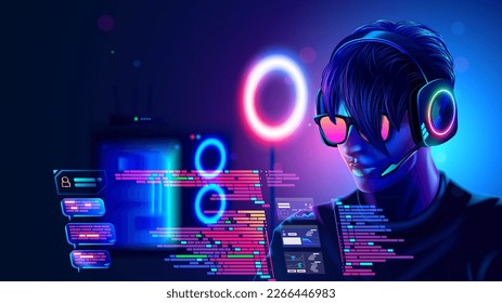 Programmer or coder programming on computer text of code of program. Portrait man working over laptop in dark room with neon lights. Guy with headset, glasses look at code on screen computer. Hacker.