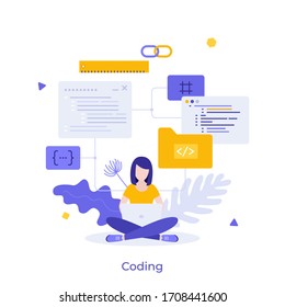 Programmer or coder sitting cross-legged and working on laptop computer. Concept of front-end and back-end programming, software development, program coding. Modern colorful flat vector illustration.