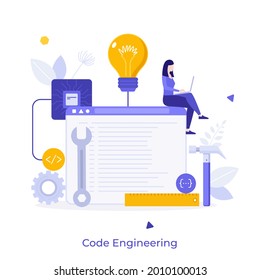 Programmer or coder sitting on program window and working on laptop computer. Concept of code engineering, software development, programming or coding. Modern flat vector illustration for poster.