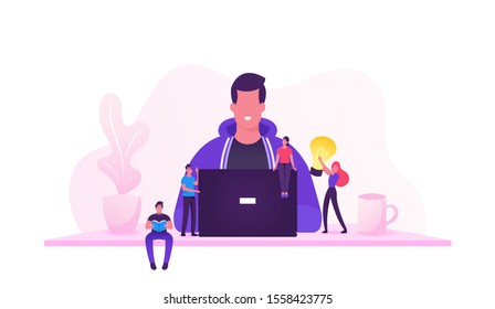 Programmer Coder Web Developer or Software Engineer Sitting at Desk and Working on Computer or Programming. IT Worker at Workplace with Tiny People and Light Bulb. Cartoon Flat Vector Illustration