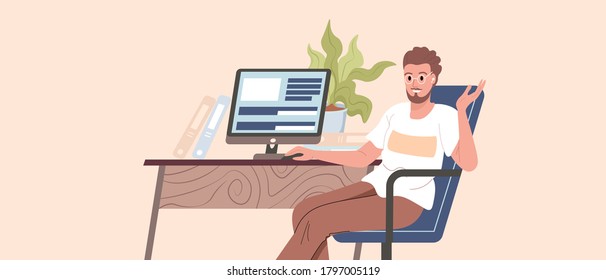 Programmer, coder, web developer or software engineer sitting at desk and working on computer or programming. Young guy works from home vector