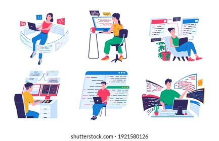 Programmer and coders. Backend software engineers working with computers and laptops in comfortable conditions. Cyber specialists programming or coding. Vector cartoon developers writing digital code