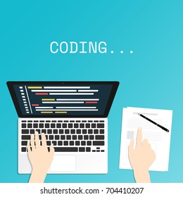 programmer coding binary computer hand top view flat vector