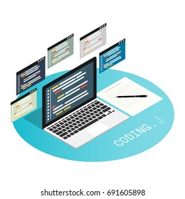 programmer coding binary computer isometric flat vector