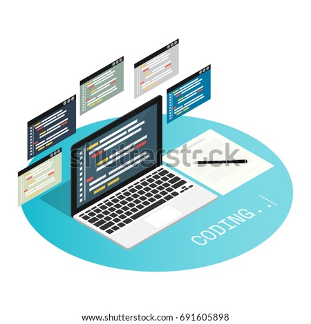 programmer coding binary computer isometric flat vector