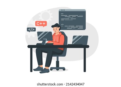 Programmer coding concept in flat design. Man developer works at computer, writes and tests code, creates programs and software while sitting in office. Vector illustration with people scene for web