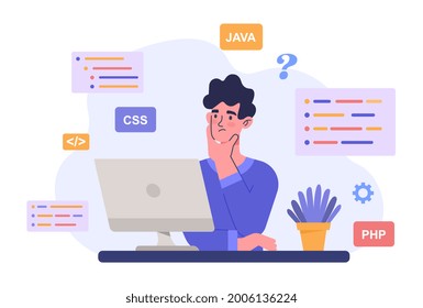 Programmer coding concept. A man is sitting at a computer and composing a code for a future site. the use of various programming languages. Cartoon flat vector illustration on a white background