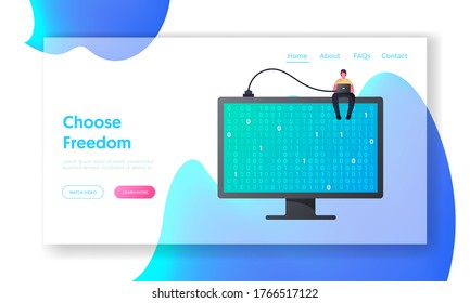 Programmer Coding or Encrypt Information, Online Security Landing Page Template. Tiny Male Character with Laptop Sit on Huge Computer Monitor with Binary Code on Screen. Cartoon Vector Illustration