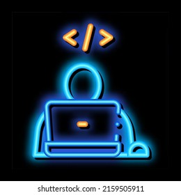 Programmer Coding Laptop neon light sign vector. Glowing bright icon transparent symbol illustration
