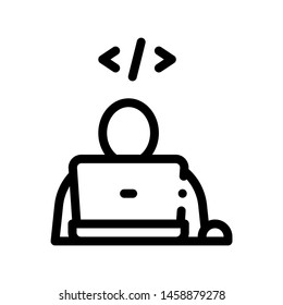 Programmer Coding Laptop Vector Thin Line Icon. Write Coding System, Data Encryption Linear Pictogram. Web Development, Programming Languages, Bug Fixing, HTML, Script Contour Illustration