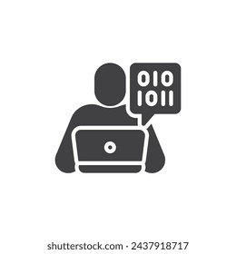 Programmer coding on a computer vector icon. filled flat sign for mobile concept and web design. Programmer using laptop glyph icon. Symbol, logo illustration. Vector graphics