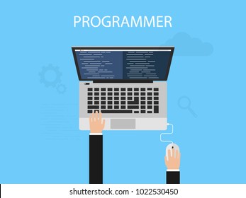 Programmer coding on laptop computer on work desk vector illustration, freelancer sitting on working table, web development process concept cartoon flat style.