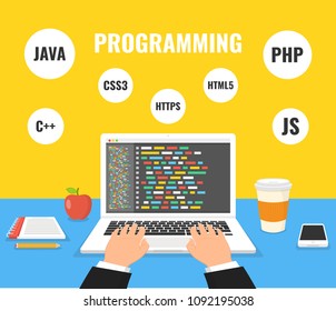 Programmer coding on laptop computer on work desk. Code on the screen laptop. Vector illustration.