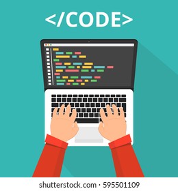 Programmer coding on laptop computer on work desk. Code on the screen laptop. Top view. Flat vector illustration.