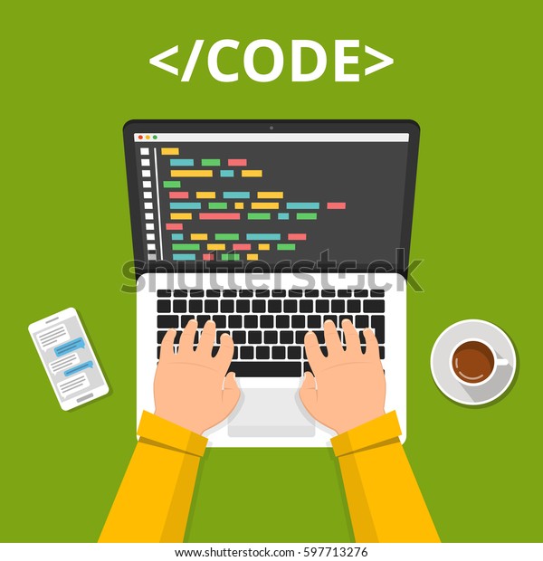 ワークデスク上のノートパソコンのプログラマコーディング 画面のノートパソコンにコードを書き込みます 平面図 平らなベクターイラスト のベクター画像素材 ロイヤリティフリー