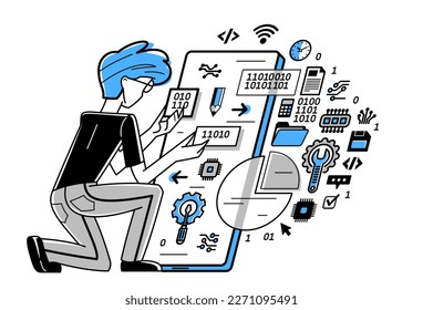 Programmer is coding and repairing some applications on phone, vector outline illustration, programming engineer working with app, sysadmin and coder.