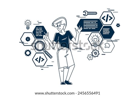 Programmer is coding and repairing some machine system, vector outline illustration, computer engineer doing his job, sysadmin and coder.