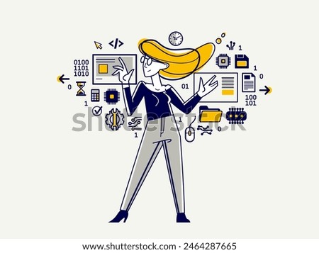 Programmer is coding and repairing some machine system, vector outline illustration, computer engineer doing his job, sysadmin and coder.