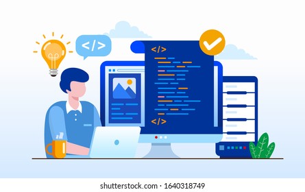 Programmer, coding, web development, website design, developer landing page website illustration flat vector template 