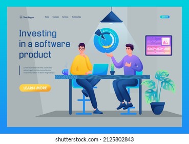 Programmer communicates with an investor, Investing in a software product. Diagrams, calculations, conclusion of the contract. Concept for landing page