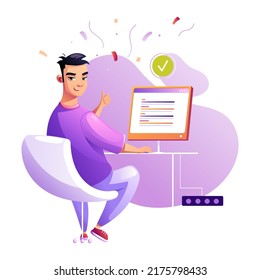 Programmer completed the task, wrote the code, joy. Development of programming and coding technologies. A screen with codes, a developer working with a task. Isolated vector illustration.