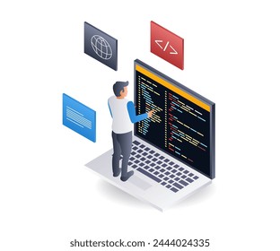 Programmer is completing his assignment, flat isometric 3d illustration